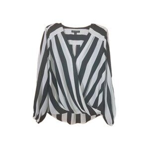 INC Black & Off-White Deep V Neck Striped Wrap Style Blouse - Size M. HL200